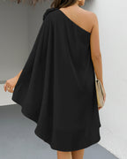 Women's Bright Yellow One Shoulder Chiffon Mini Dress with Floral Applique and Cape Sleeve