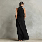 Sleeveless High Neck Linen Maxi Shift Dress