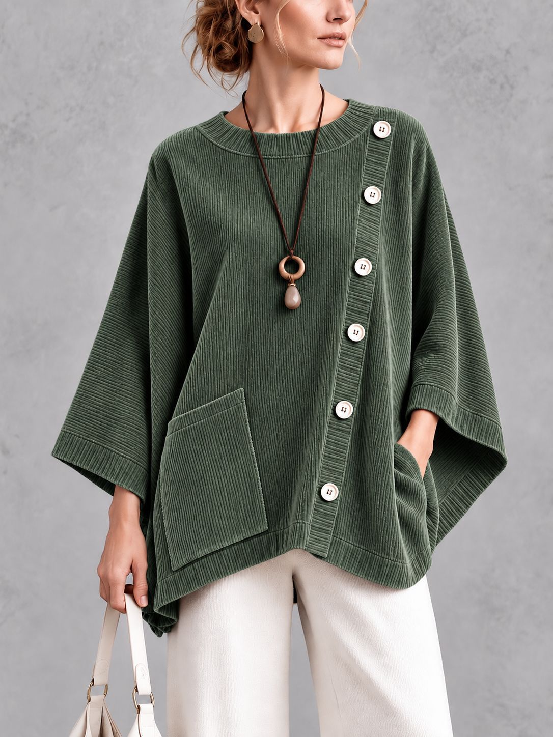 Oversized Corduroy Tunic with Button Detail