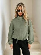Women¡¯s Solid Beige Geometric Textured Zip?Up Drawstring Cropped Jacket - Green / S