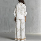 High Waist Wide Leg Pants Two Piece Set, Luxury Satin Elegant Vacation Matching Outfit
