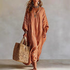 Women's Light Striped Linen-Blend Kaftan Maxi Dress - Oversized V-Neck Beach Cover-Up