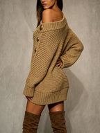 Oversized Off-Shoulder Button Knit Mini Dress