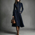 Women's Solid Brown Suede Zip?Front Belted Long?Sleeve Midi Dress