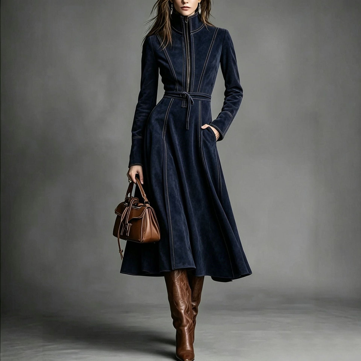 Women's Solid Brown Suede Zip?Front Belted Long?Sleeve Midi Dress