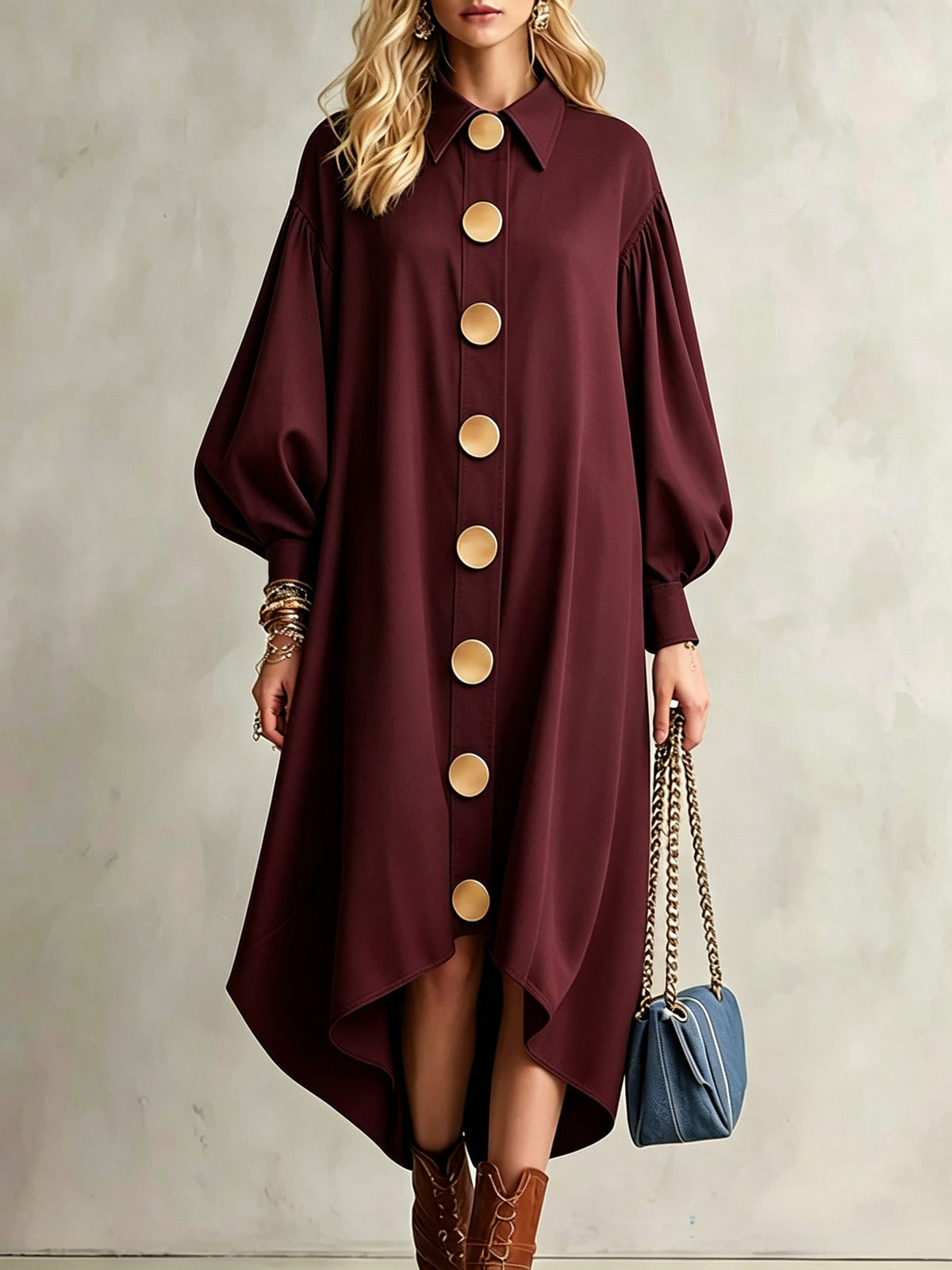 Balloon Sleeve Shirt Dress with Asymmetrical Hem