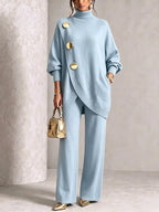 Turtleneck Gold?Button Asymmetric Knit Tunic & Wide-Leg Pants Two-Piece Set