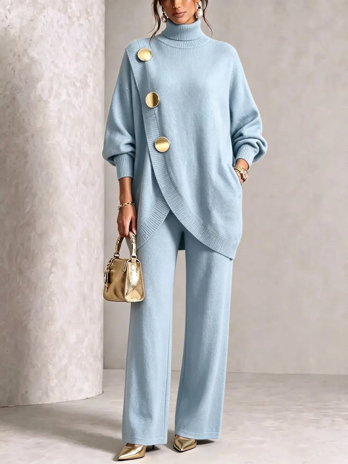 Turtleneck Gold?Button Asymmetric Knit Tunic & Wide-Leg Pants Two-Piece Set