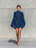 Ruffled High?Neck Bell?Sleeve Elastic Waist Mini Dress