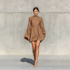 Ruffled High?Neck Bell?Sleeve Elastic Waist Mini Dress