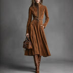 Women's Solid Brown Suede Zip?Front Belted Long?Sleeve Midi Dress