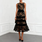 Nude Mesh Black Floral Lace Velvet Strip Sleeveless Midi Dress