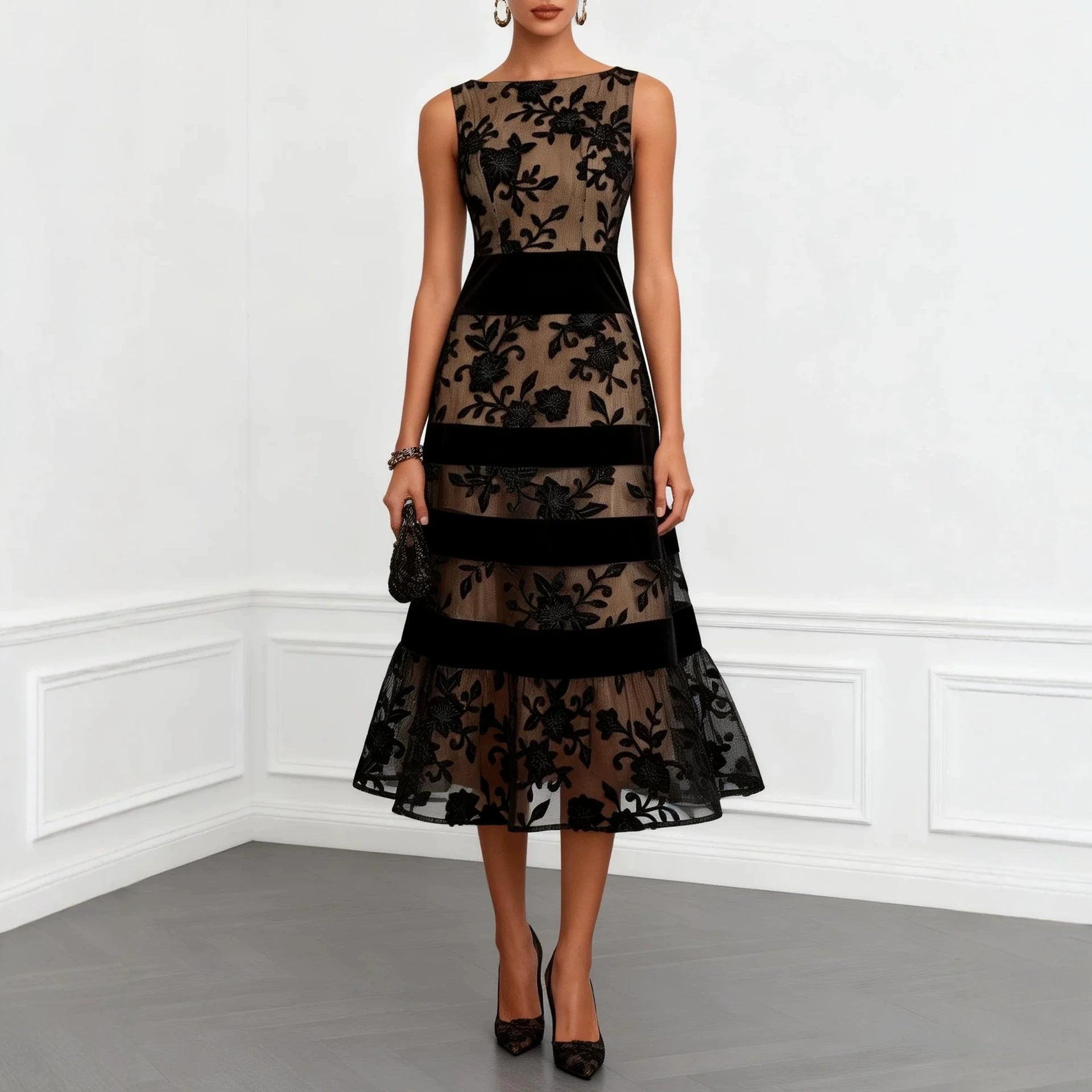 Nude Mesh Black Floral Lace Velvet Strip Sleeveless Midi Dress