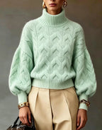 Women's Bright Yellow Turtleneck Cable Knit Oversized Pullover Sweater