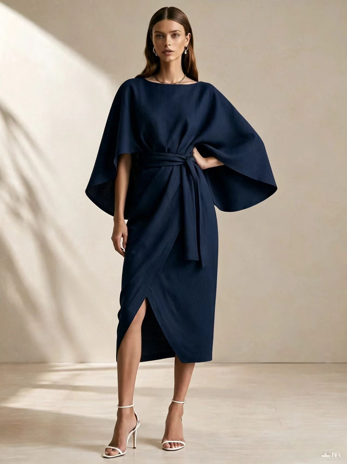Cape Sleeve Belted Wrap Midi Dress
