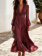 Women's Green White Polka Dot Ruffle V-Neck Long Sleeve Flowy Maxi Dress