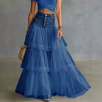 High Waist Button‑Front Denim Patchwork Tiered Tulle Maxi Skirt