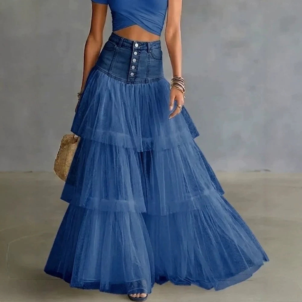 High Waist Button‑Front Denim Patchwork Tiered Tulle Maxi Skirt