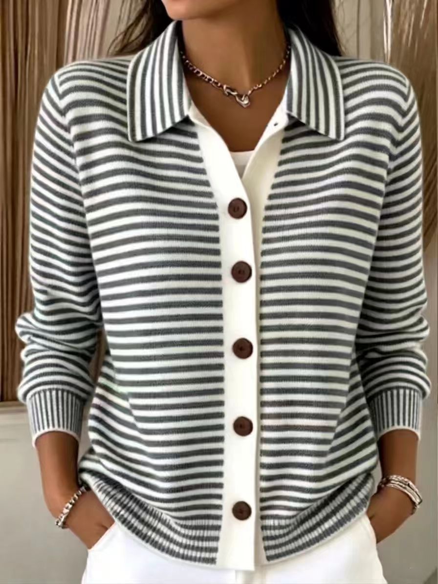 Women's Green?White Stripe Collared Button Front Knit Cardigan