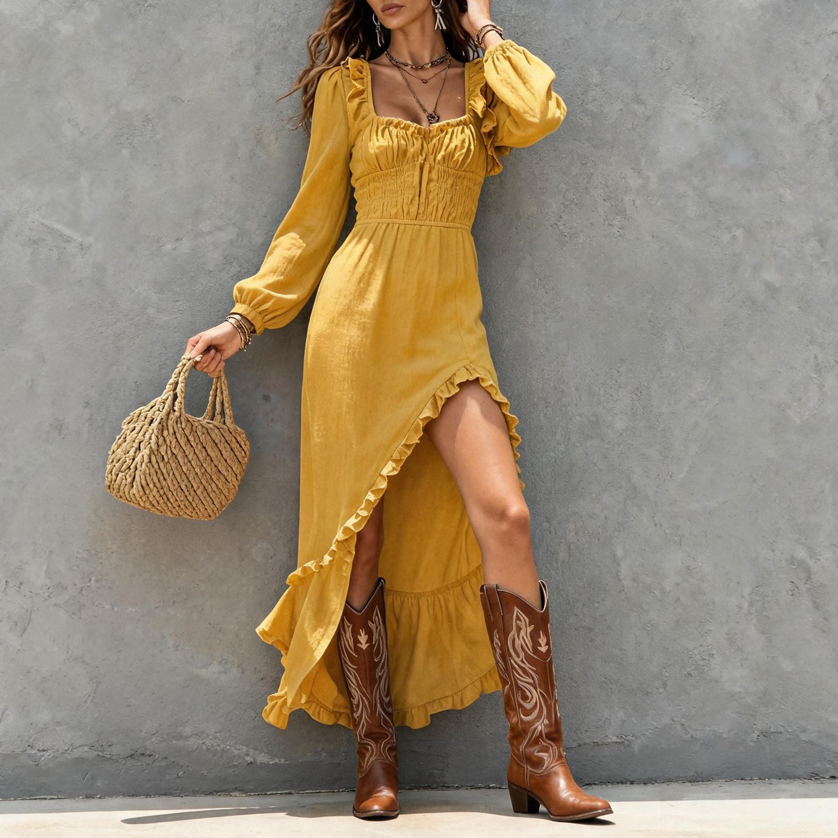 Square?Neck Smocked Ruffle High?Slit Maxi Dress
