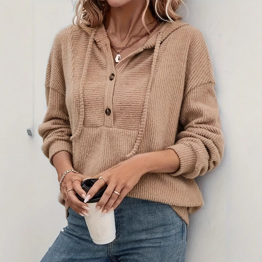 Textured Knit Henley Hooded Sweater