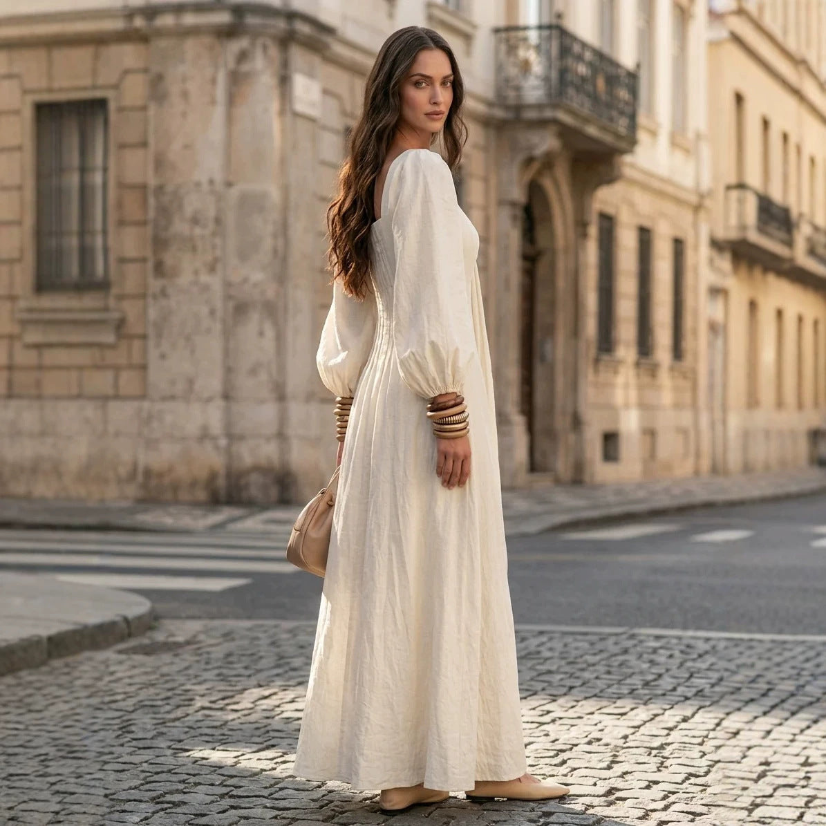 Square Neck Puff Long Sleeve Flowy Maxi Dress