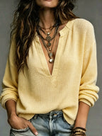 Women's Solid Waffle Knit Notch V Neck Long Sleeve Loose Casual Blouse Top