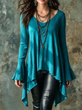 V-Neck Flare Long Sleeve Irregular Hem Tunic Top