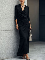 Cowl Neck Ruched Long Sleeve Maxi Dress