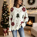 Christmas Tree & Snowflake Pattern Scalloped Hem Oversized Knit Sweater