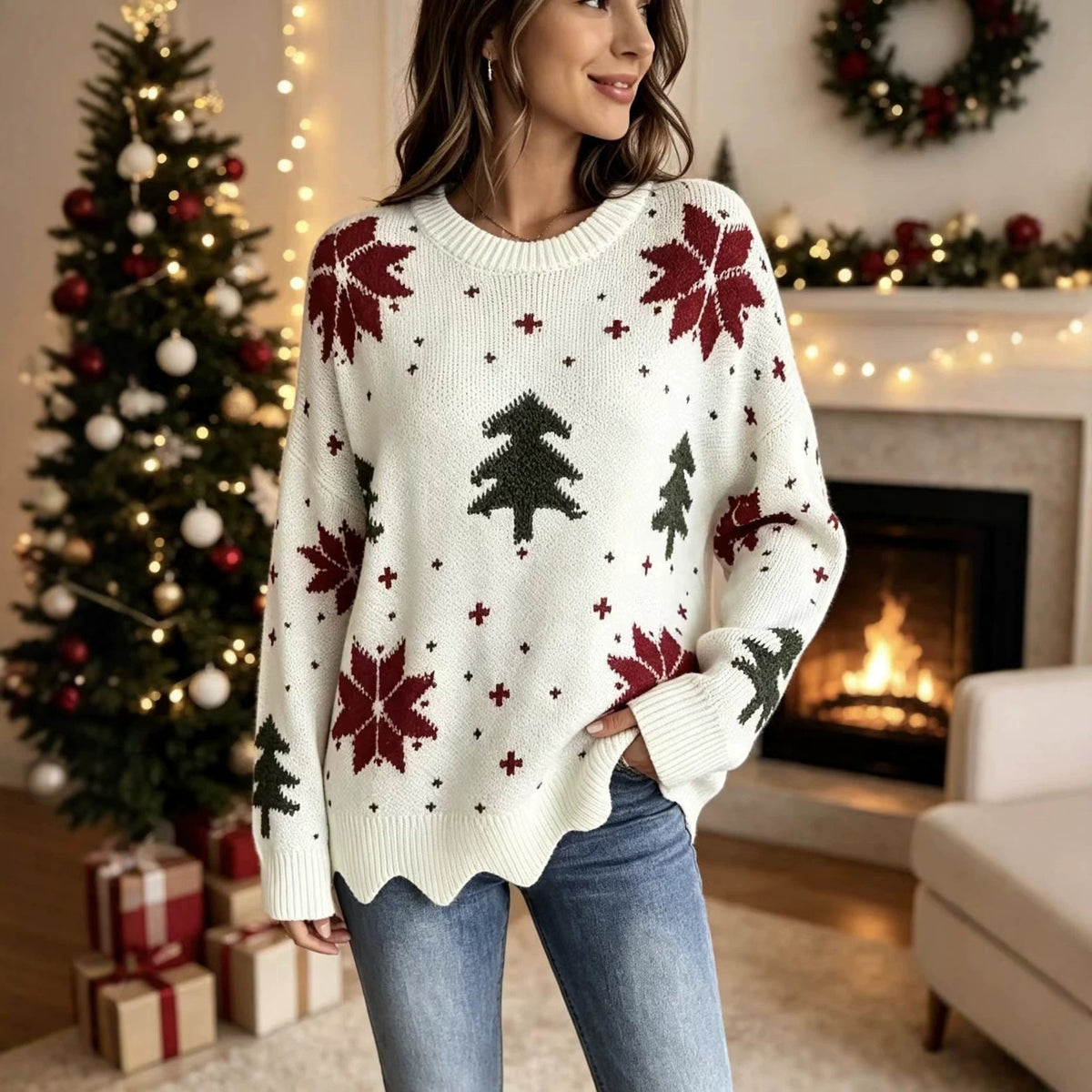 Christmas Tree & Snowflake Pattern Scalloped Hem Oversized Knit Sweater