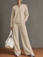 Women's Notch‑Neck Button Long‑Sleeve Top & Wide‑Leg Pants Two‑Piece Loungewear Set