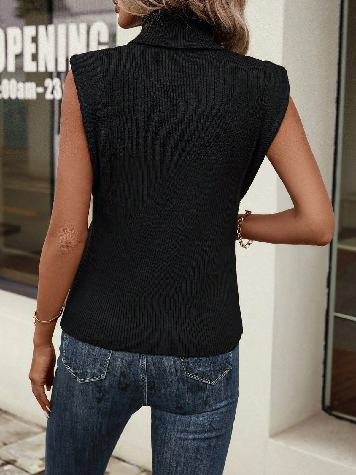 Women's Turtleneck Sleeveless Ribbed Knit Tank Top With Decorative Gold Buttons