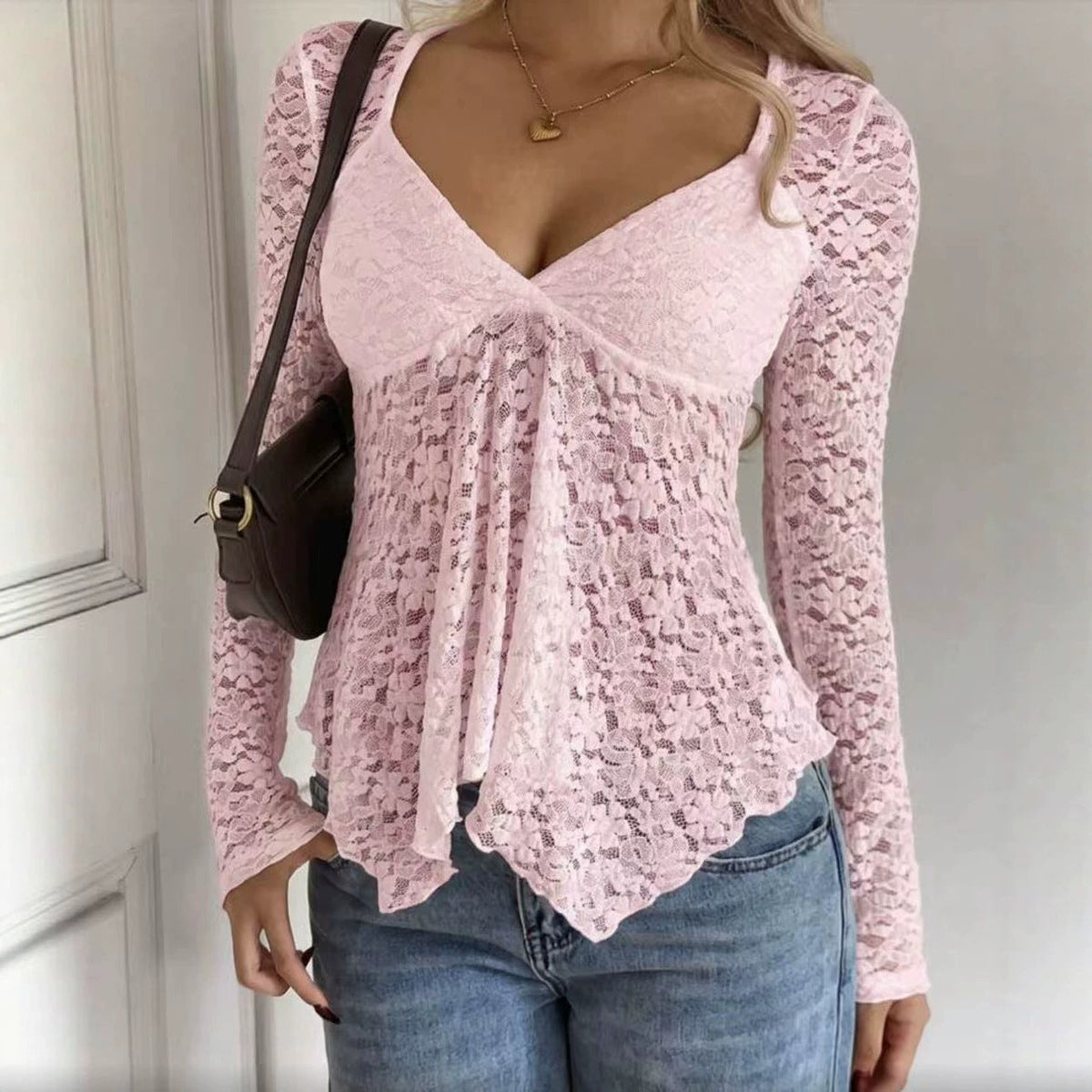 Floral Lace Long Sleeve V-Neck Peplum Top