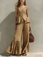 Mustard Linen-Blend Peplum Top & Ruffled Wide-Leg Pants Set