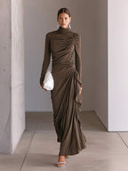 Turtleneck Ruched Side?Ruffle Long?Sleeve Maxi Dress