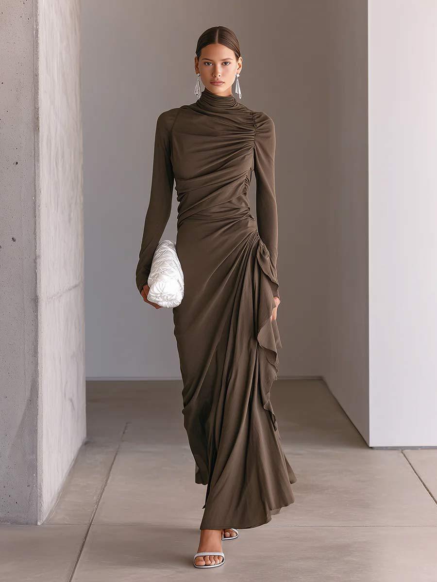 Turtleneck Ruched Side?Ruffle Long?Sleeve Maxi Dress