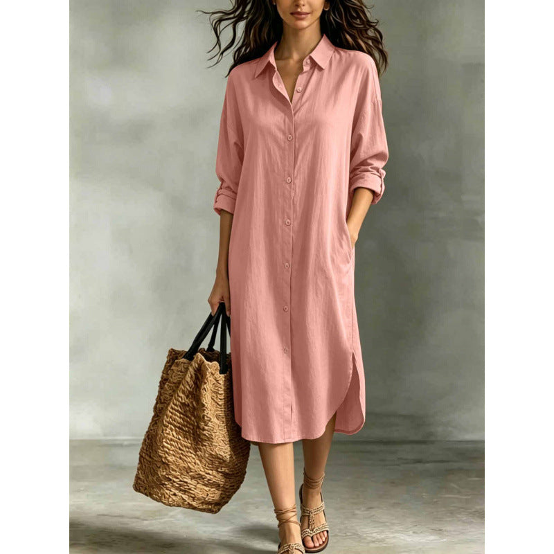 Oversized Linen?Blend Shirt Midi Dress