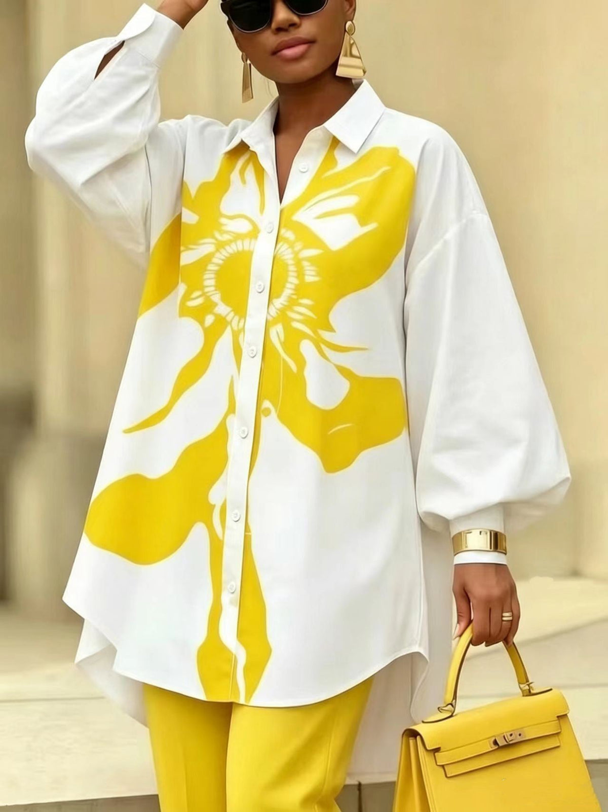 Abstract Print Balloon Sleeve Shirt – Oversized Button-Down
