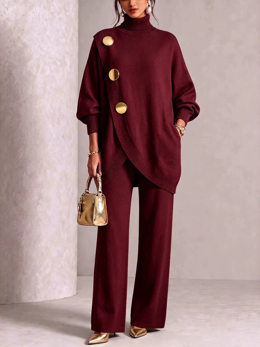 Turtleneck Gold?Button Asymmetric Knit Tunic & Wide-Leg Pants Two-Piece Set
