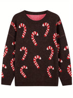 Women's Plus Size Crew Neck Candy Cane Print Long Sleeve Christmas Knit Sweater