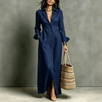 Women's Lapel Collar Button‑Front Linen Shirt Maxi Dress