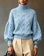Women's Bright Yellow Turtleneck Cable Knit Oversized Pullover Sweater
