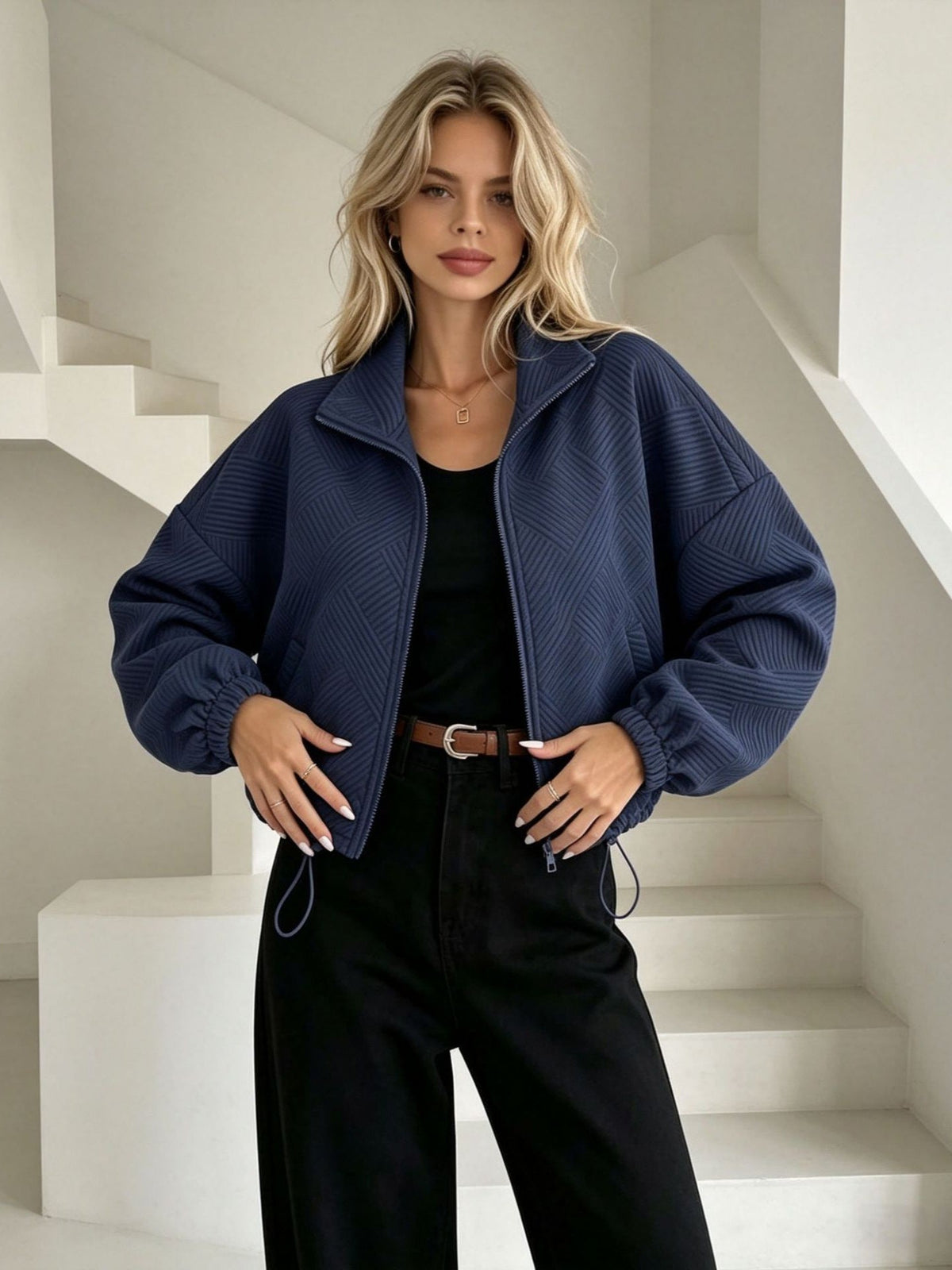 Women¡¯s Solid Beige Geometric Textured Zip?Up Drawstring Cropped Jacket - Blue / S