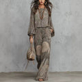 Vintage Paisley Print Long Sleeve Blouse & High Waist Wide Leg Pants 2 Piece Boho Co-Ord Set