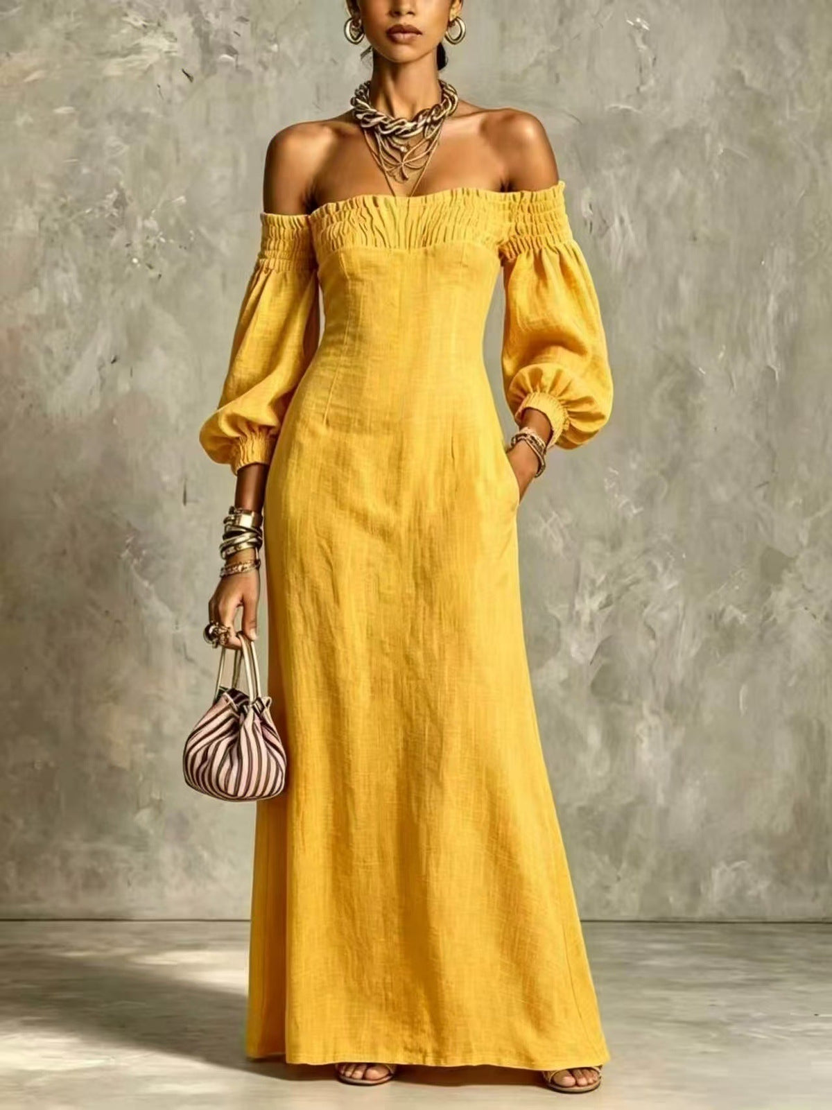Off?The?Shoulder Puff?Sleeve Linen?Blend Maxi Dress