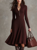 Half?Zip Ribbed Knit Fit?and?Flare Midi Sweater Dress