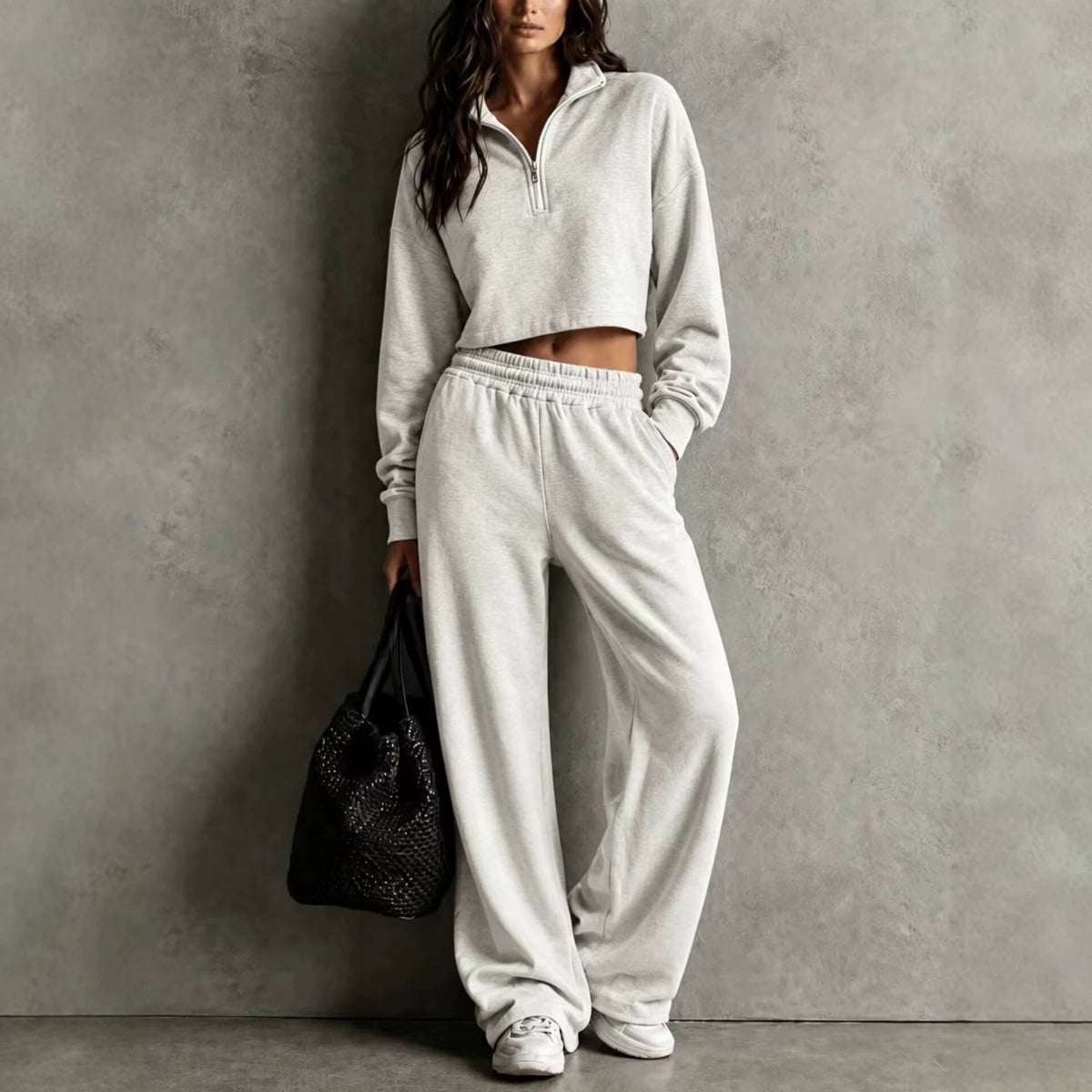 Half?Zip Cropped Sweatshirt & Wide?Leg Sweatpants Two?Piece Set