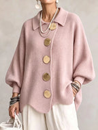 Oversized Collared Knit Cardigan With Large Metal Buttons