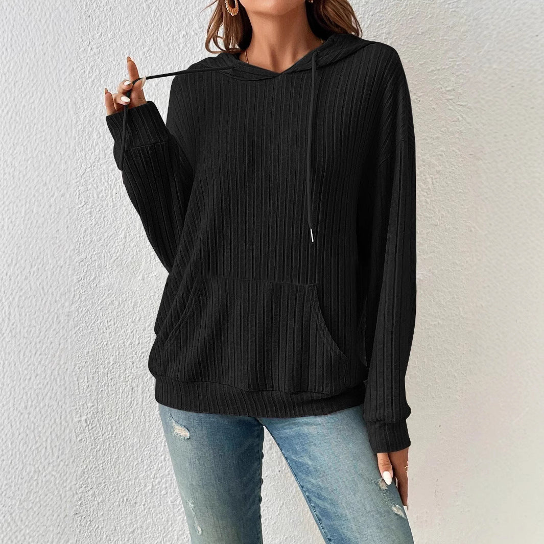Ribbed Knit Drawstring Hoodie with Kangaroo Pocket